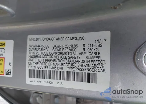 2018 Honda Accord Sport из США, поврежденный, VIN 1HGCV1F31JA051378